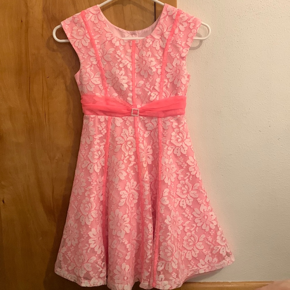 Pink floral dress with tulle overlay